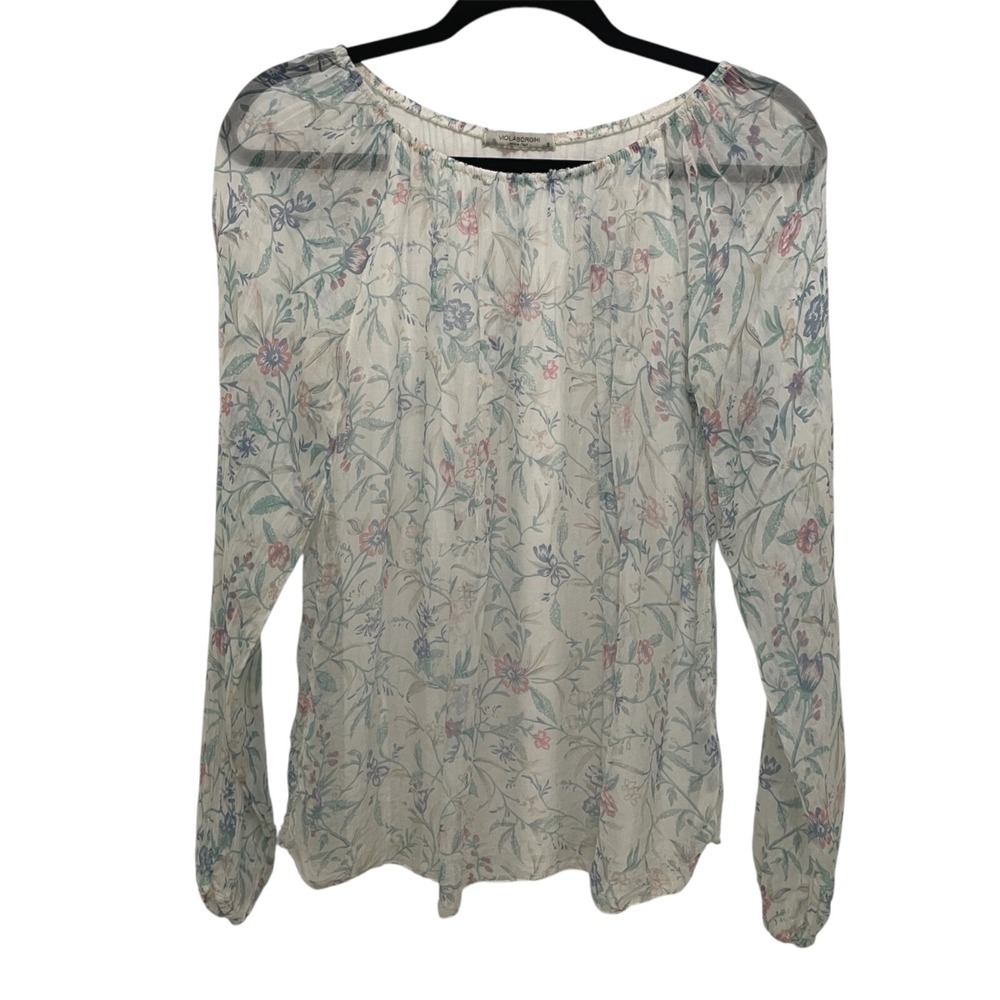 Viola Borghi‎ Blouse Women S White Floral Long Sleeve Made in Italy Scoop Neck